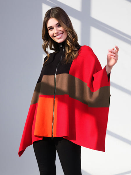 Red Zip Detail Poncho with Colourblock Shapes