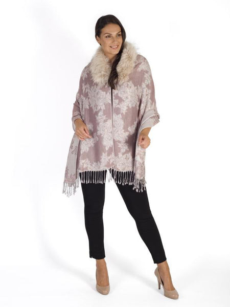 Blush Jacquard Design Scarf With Fur Edge