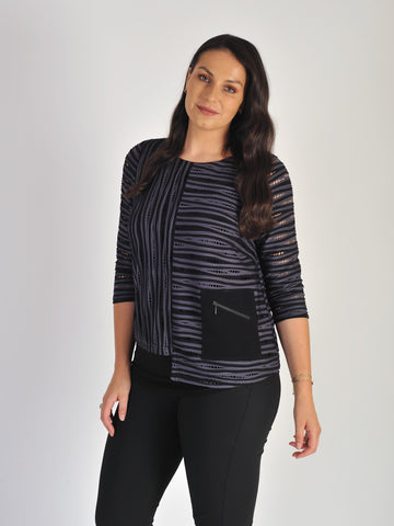 Black/Grey Textured Zip Pkt Jersey Top