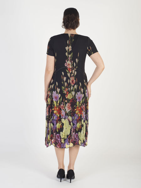 Black Floral Border Crush Pleat Chiffon Dress Chesca 2452