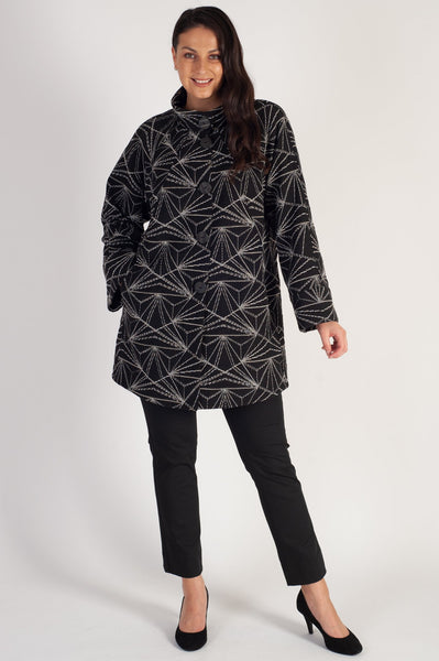 Black Stand Collar Jacquard Coat with Contrast Geometric Embroidery