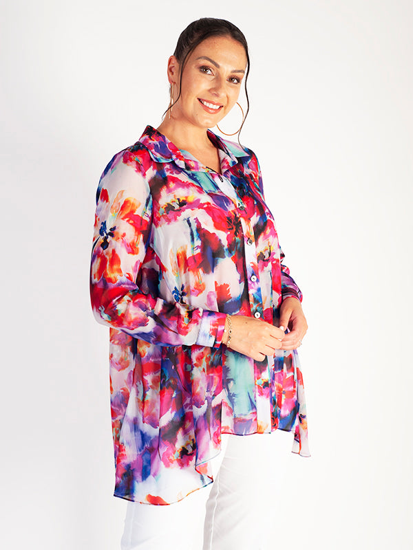 Palma Multi Watercolour Floral Print Blouse with Back Pleat Detail | Chesca