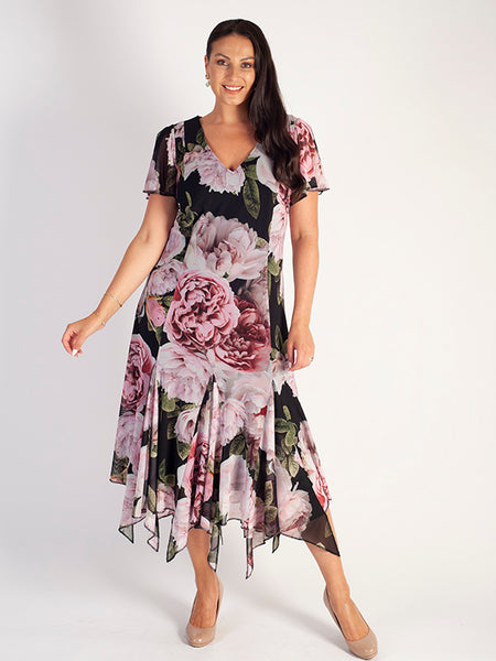 Autumn Rose Print Trimmed Godet Mesh Dress With Angel Sleeve
