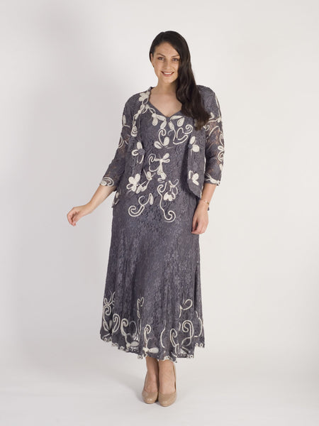 Steel/Ivory Ombre Cornelli Emb Lace Dress