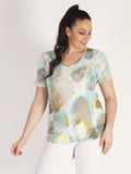 Pale Blue/Mustard Abstract Bubble Print Short Sleeve V-Neck Cotton Top