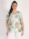 Pale Blue/Mustard Abstract Bubble Print Short Sleeve V-Neck Cotton Top