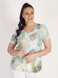 Pale Blue/Mustard Abstract Bubble Print Short Sleeve V-Neck Cotton Top