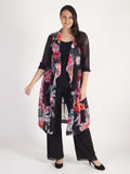 Black/Pink Peony Print Shawl Collar Chiffon Coat