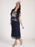 Navy Chiffon Dress with Embroidered Sequin Mesh Overtop
