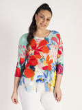 Mint/Coral Abstract Floral Print Jersey Top with 3/4 Batwing Sleeve