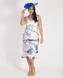 Ivory/Cobalt Pheasant Print Bias Cut Silk Devoree Dress