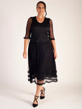 Black Mock Layer Daisy Chain Trim Crush Pleat Mesh Dress