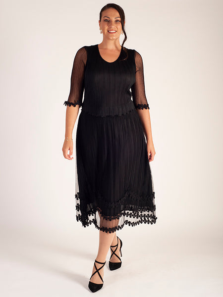 Black Mock Layer Daisy Chain Trim Crush Pleat Mesh Dress Promotion Until 1st November 2024