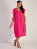 Pink Short Sleeve Diamond Back Cocoon Linen Dress