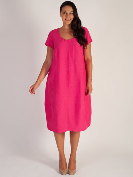 Pink Short Sleeve Diamond Back Cocoon Linen Dress