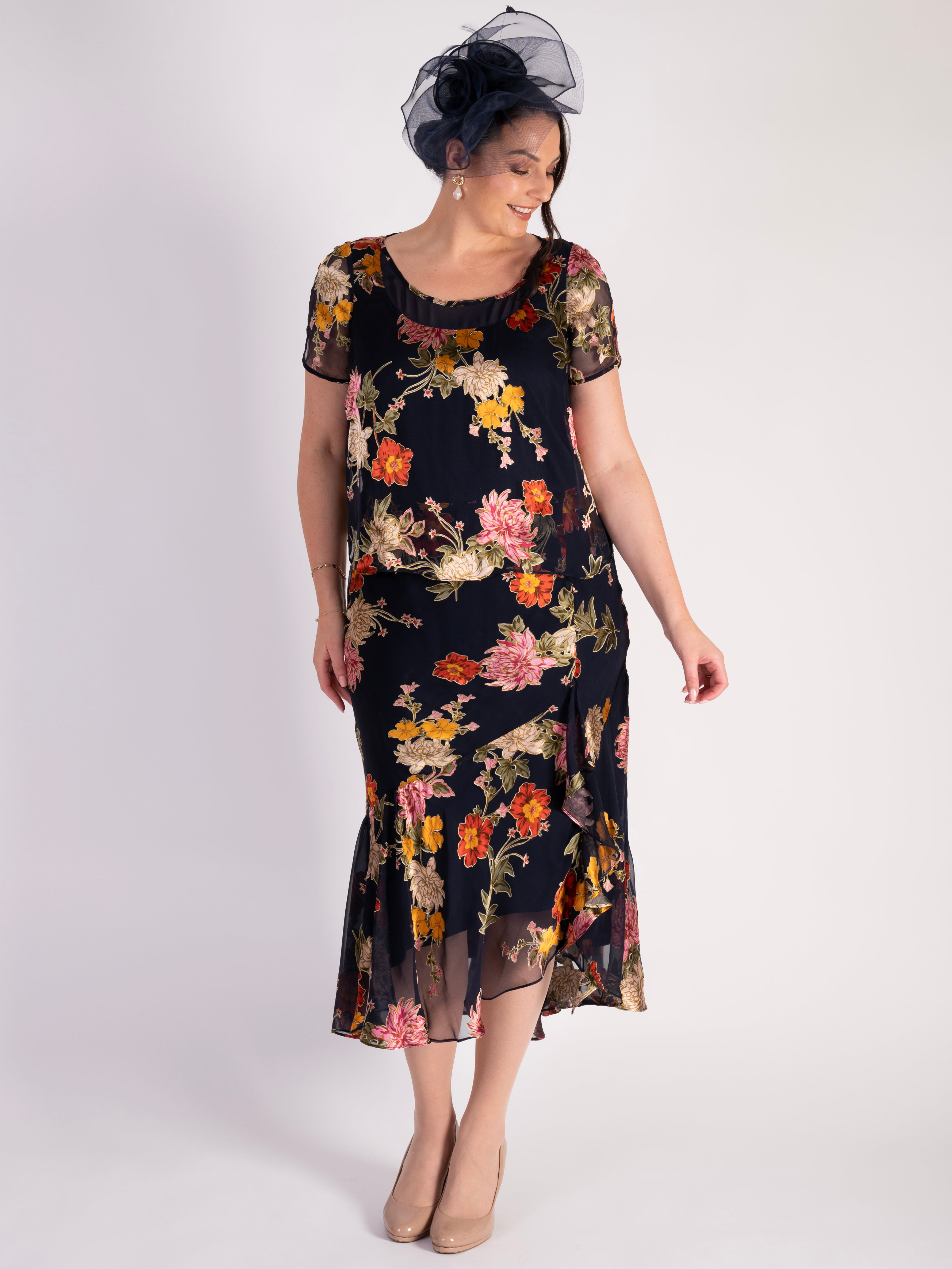Navy Chrysanthemum Print Layered Silk Devoree Dress | Chesca