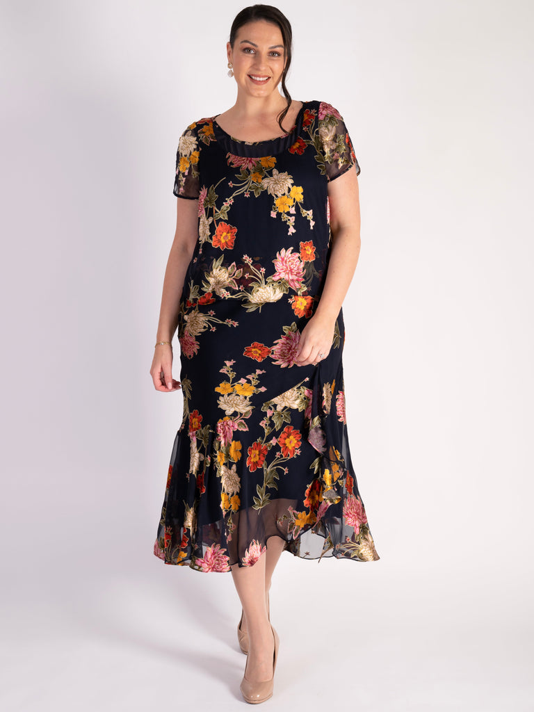 Navy Chrysanthemum Print Layered Silk Devoree Dress | Chesca Direct