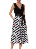 Black Stripe & Roses Dress With Satin Belt