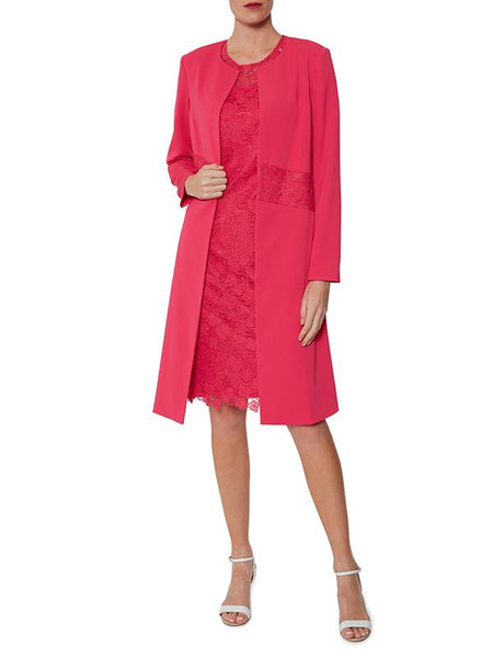 Rose Pink Collarless Lace Trim Edge To Edge Coat