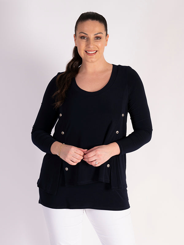 Navy Jersey Layered Top with Side Button Trim | Chesca Direct