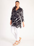 Black/White Abstract Print Button Front Blouse with Shaped Hemline