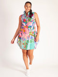 Down by the Ponds Edge Aqua/Multi Sleeveless Cotton Dress with Frill Collar