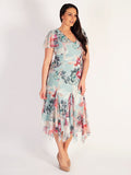 Aqua Floral Print Godet Trimmed Mesh Dress With Angel Sleeve