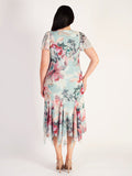 Aqua Floral Print Godet Trimmed Mesh Dress With Angel Sleeve