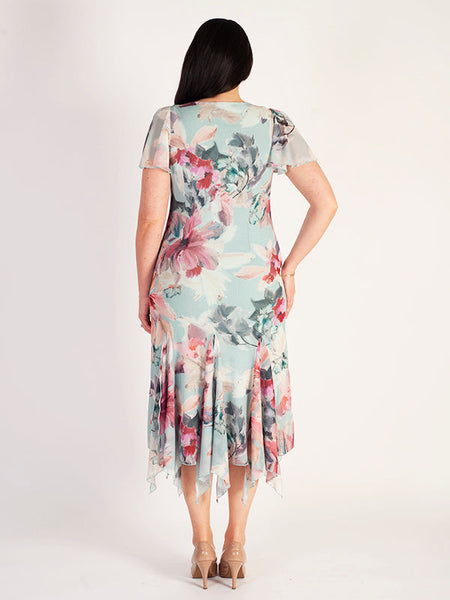 Aqua Floral Print Godet Trimmed Mesh Dress With Angel Sleeve | Chesca ...