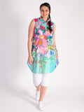 Down by the Ponds Edge Aqua/Multi Sleeveless Cotton Dress with Frill Collar