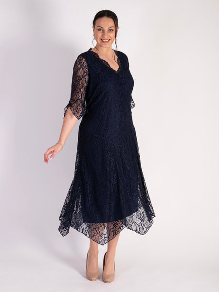 Navy Lace Dress with Scallop Neck Detail