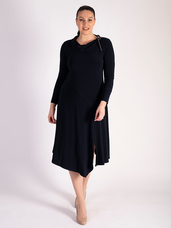 Navy Jersey Dress with Soft Collar Shoulder Zip Detail | Chesca Direct