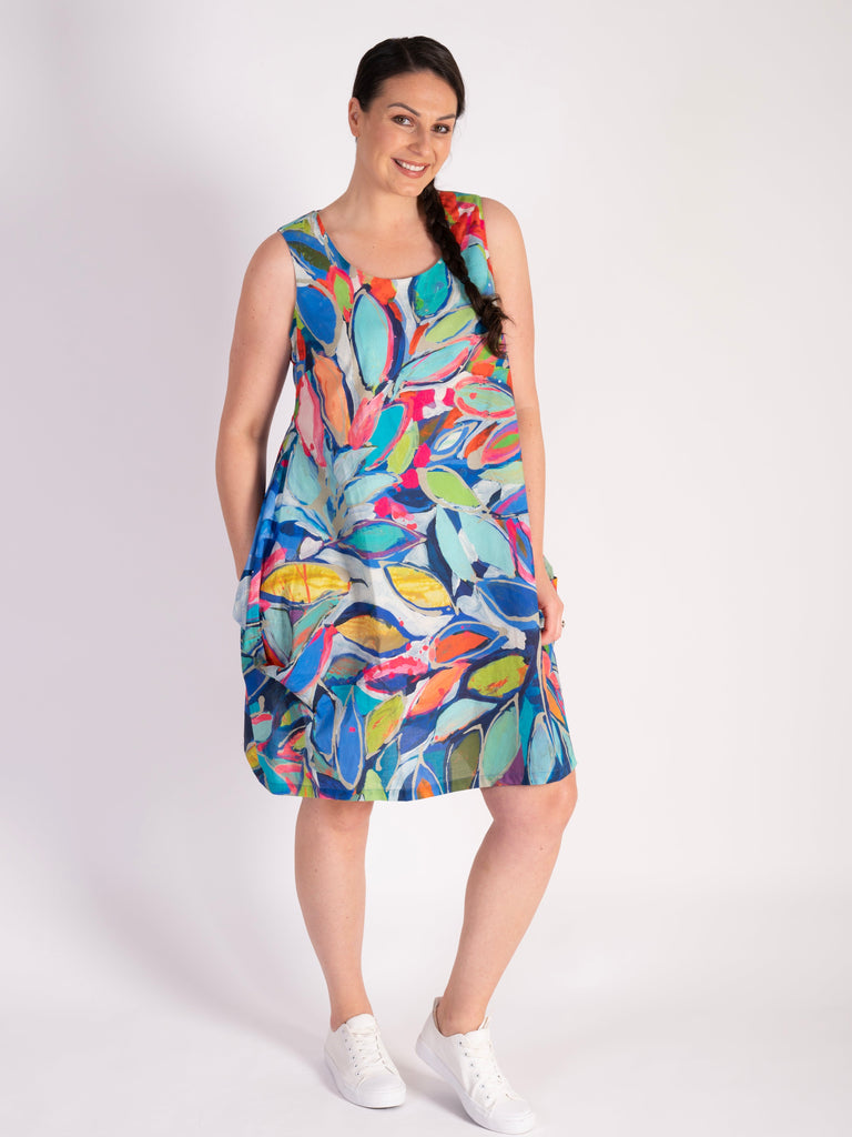 Party In August Blue/Multi Abstract Leaf Print Cotton Bubble Dress | Chesca