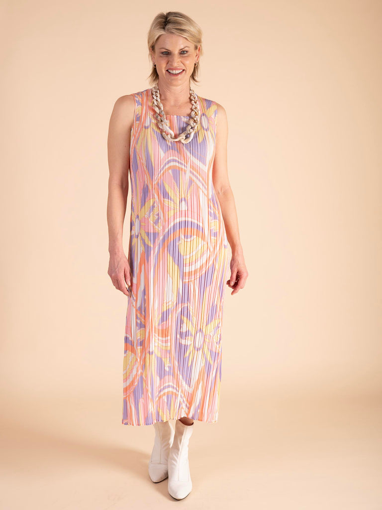 Pink/Multi Abstract Floral Print Pleated Sleeveless Dress | Chesca