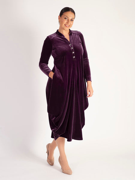 Claret Stretch Velvet Drape Dress with Button Placket