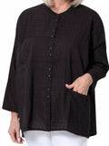 Black Pintuck Collarless Cotton Shirt