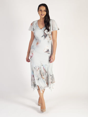 Aqua Large Peony Print Trimmed Godet Mesh Dress With Angel Sleeve