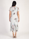 Aqua Large Peony Print Trimmed Godet Mesh Dress With Angel Sleeve